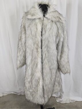 Women’s Long Faux Fur Coat White Gray Arctic Wolf Plush Winter Jacket Size L